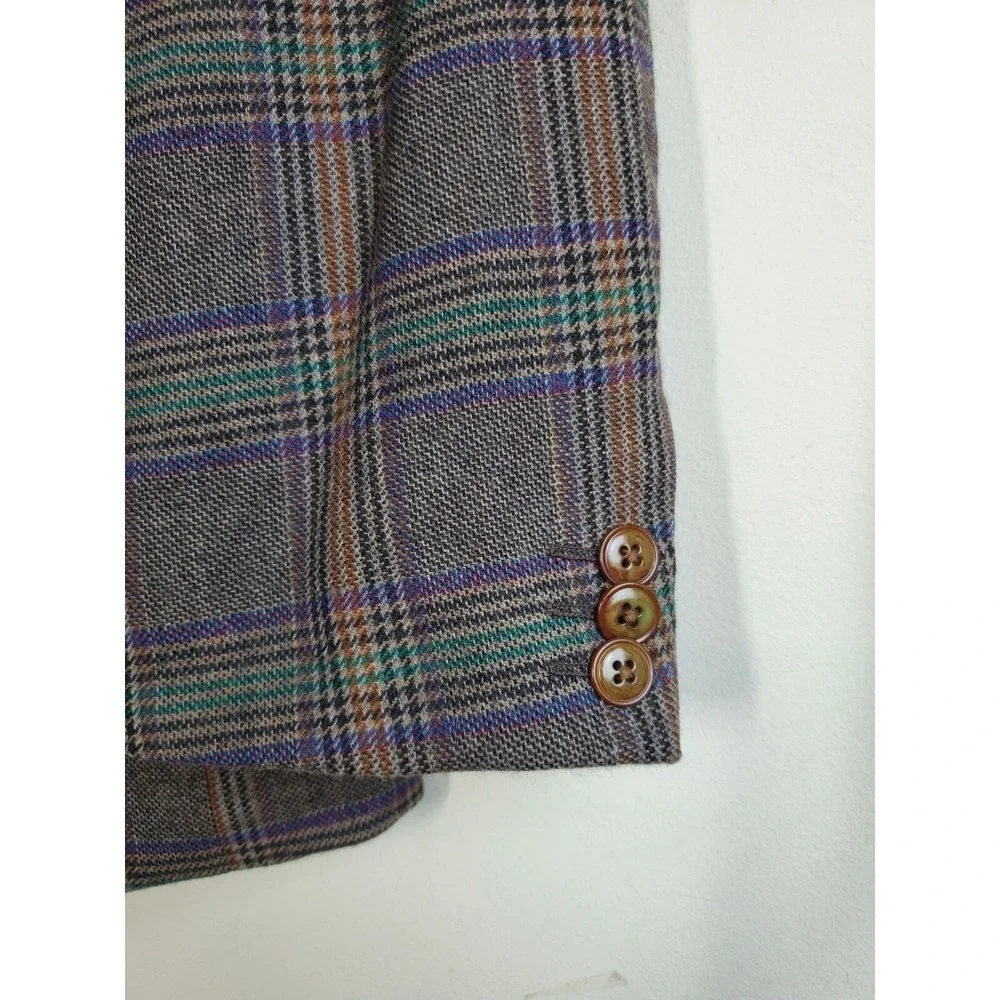 ETRO Mens Blazer 48 Suit Jacket 100% WOOL Plaid Made‎ In Italy Brown Silk Lined